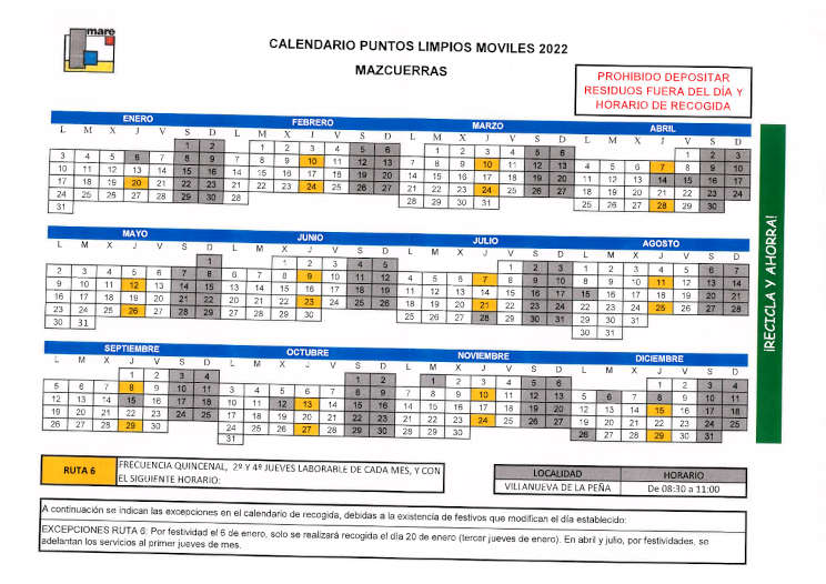 Calendario Punto Limpio Movil 2022